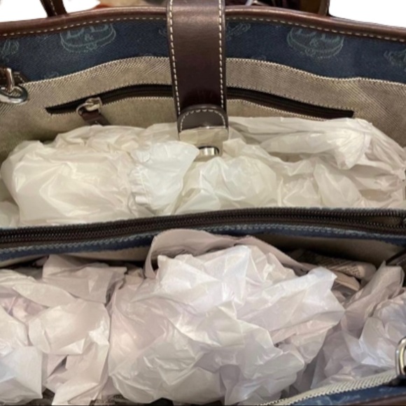 Dooney & Bourke Bag Large Logo Denim Blue Brown Canvas Leather Tote - Picture 9 of 11